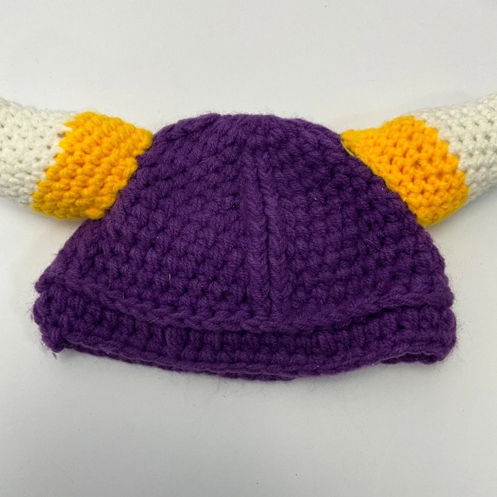 Handmade Minnesota Vikings Kids Stocking Hat with Horns Purple Gold Crochet Knit
